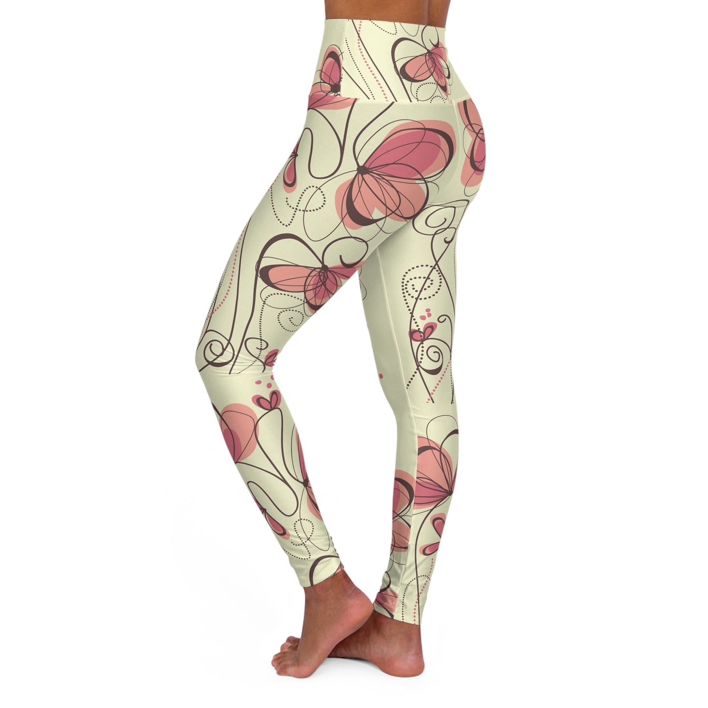 High Waisted Yoga Leggings - Pink Butterflies