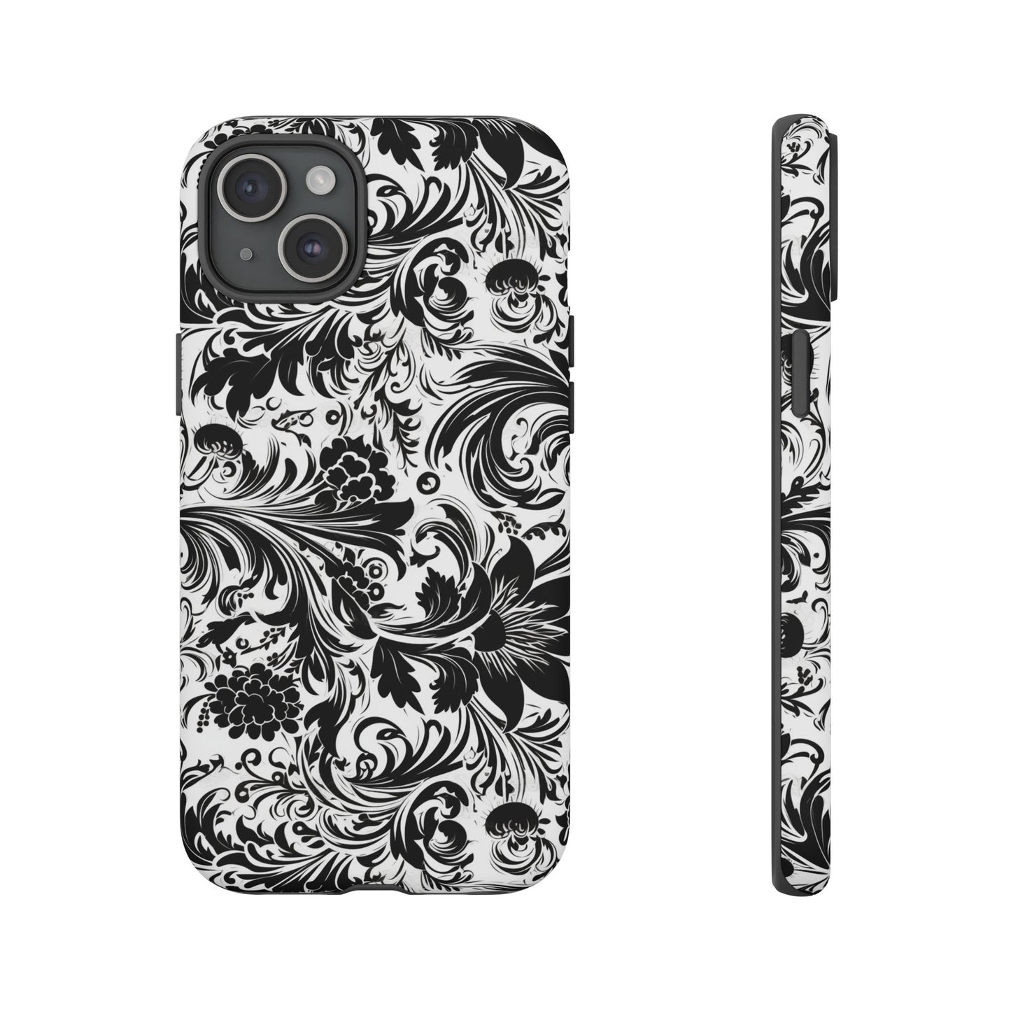 iPhone 16 and iPhone 15 Series - White and Black Flowers - Tough Phone Cases