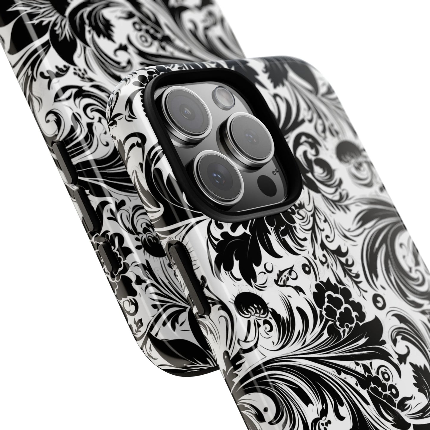 iPhone 16 and iPhone 15 Series - White and Black Flowers - Tough Phone Cases