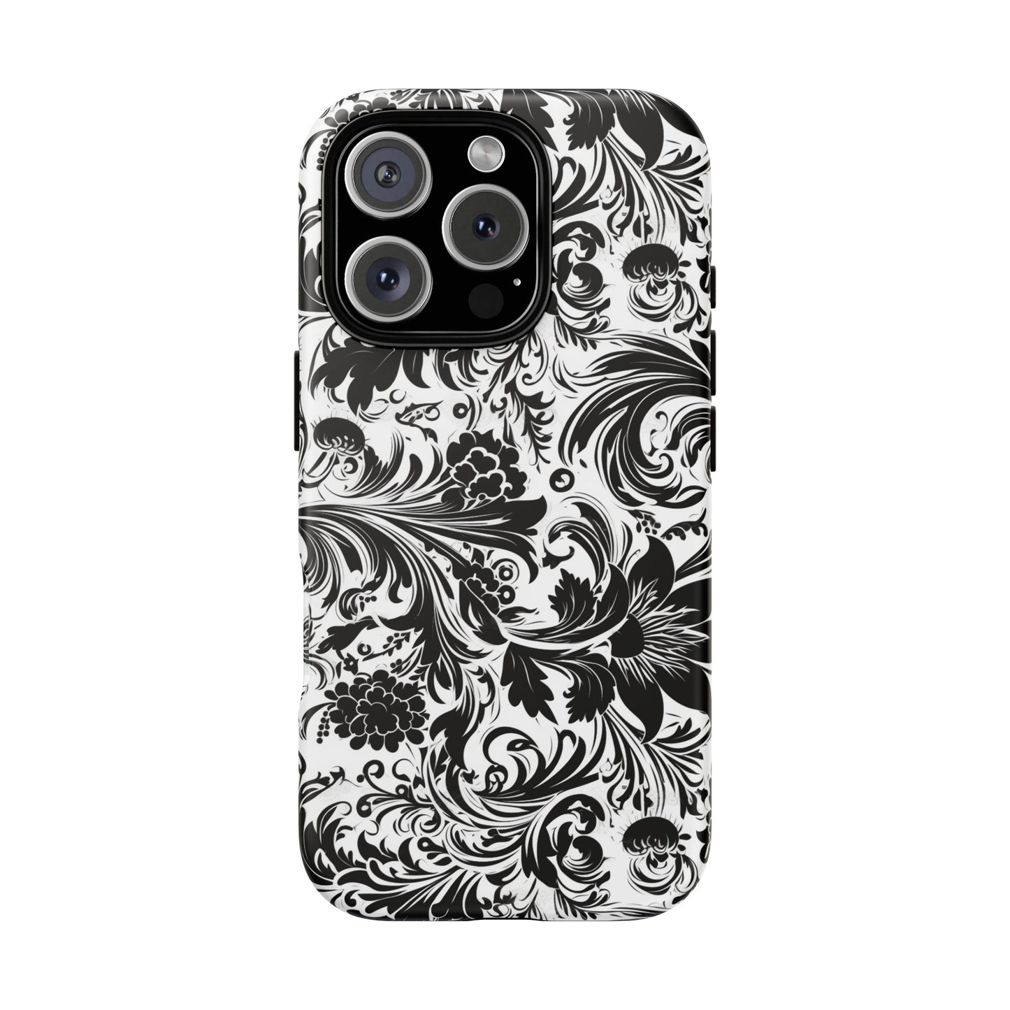 iPhone 16 and iPhone 15 Series - White and Black Flowers - Tough Phone Cases