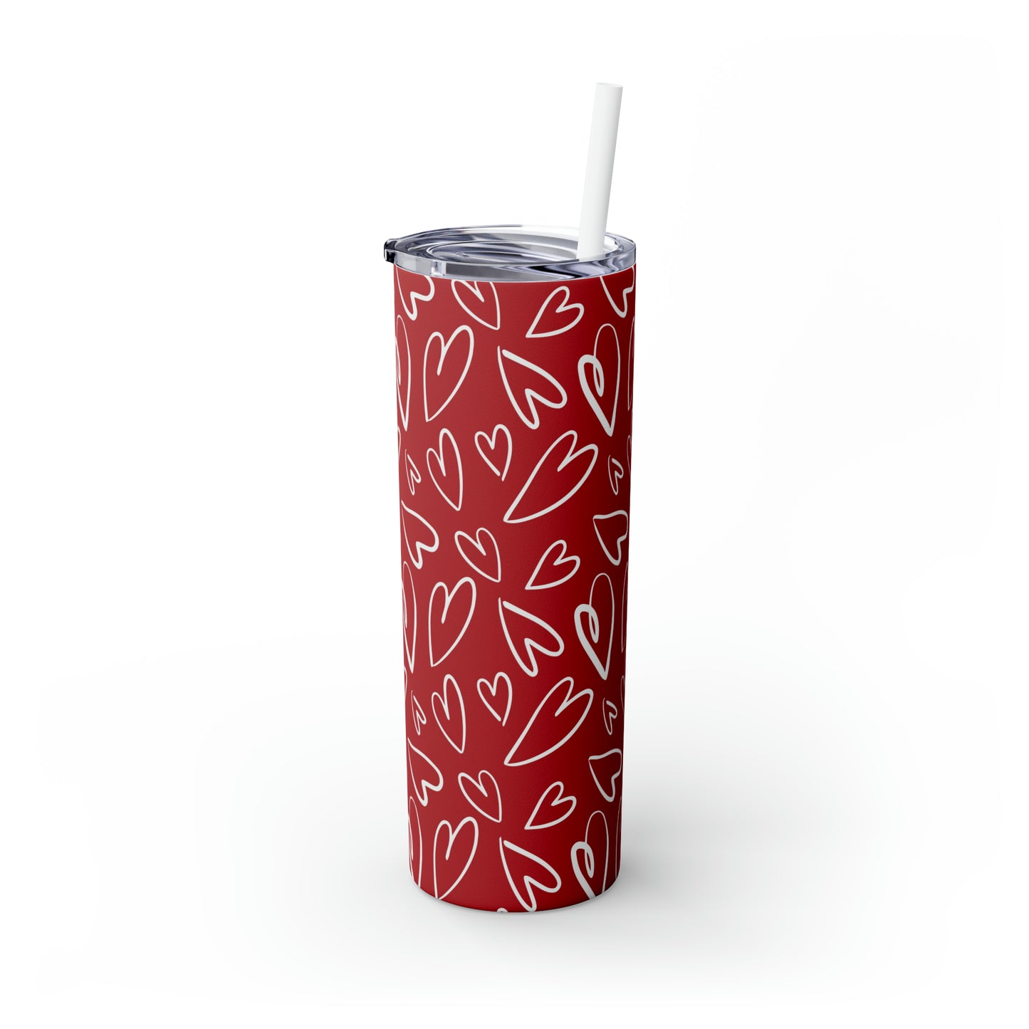 Red with White Hearts - Hand Drawn - Skinny Tumbler with Straw, 20oz - Stainless Steel