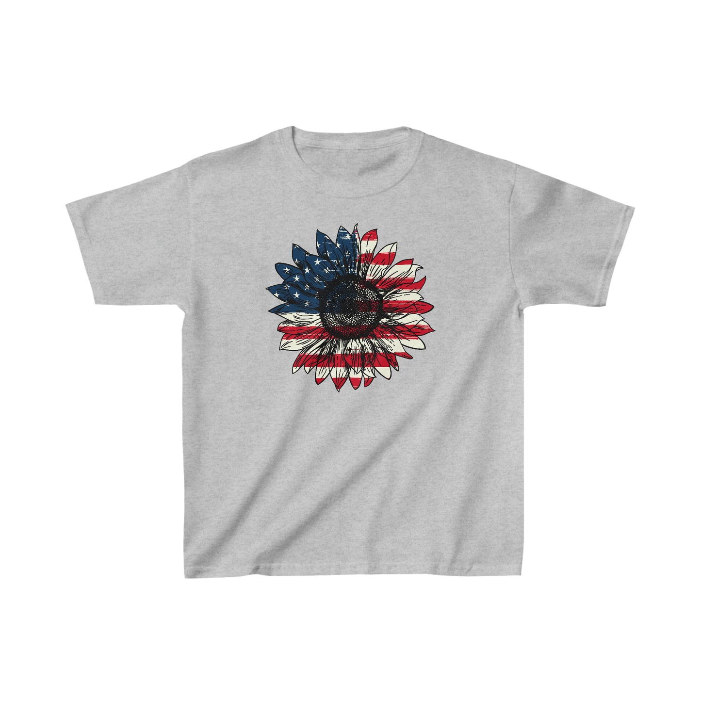 Sunflower American Flag - 4th of July - Independence Day - Kids Heavy Cotton Tee