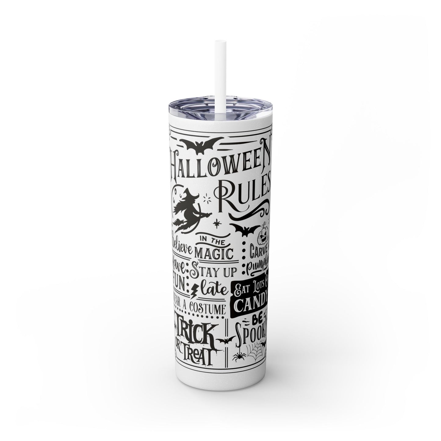 Halloween Rules - Witch - Trick or Treat - Candy - Vintage - Skinny Tumbler with Straw, 20oz - Stainless Steel