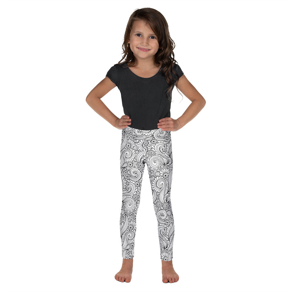 White with Black Hand Drawn Paisleys - Kid's Leggings