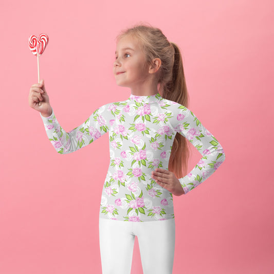 Pink Roses White Circles - Kids Rash Guard