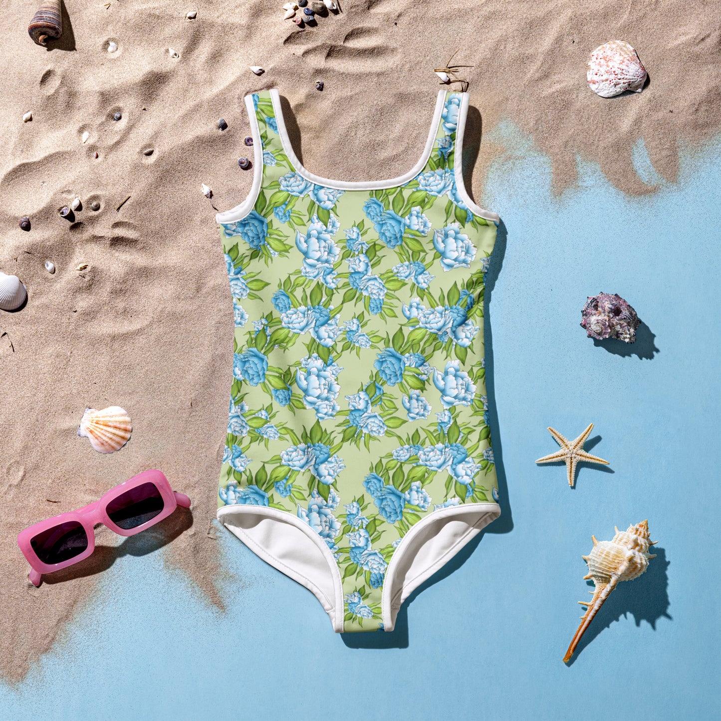 Green and Blue Flowers - Kids Swimsuit