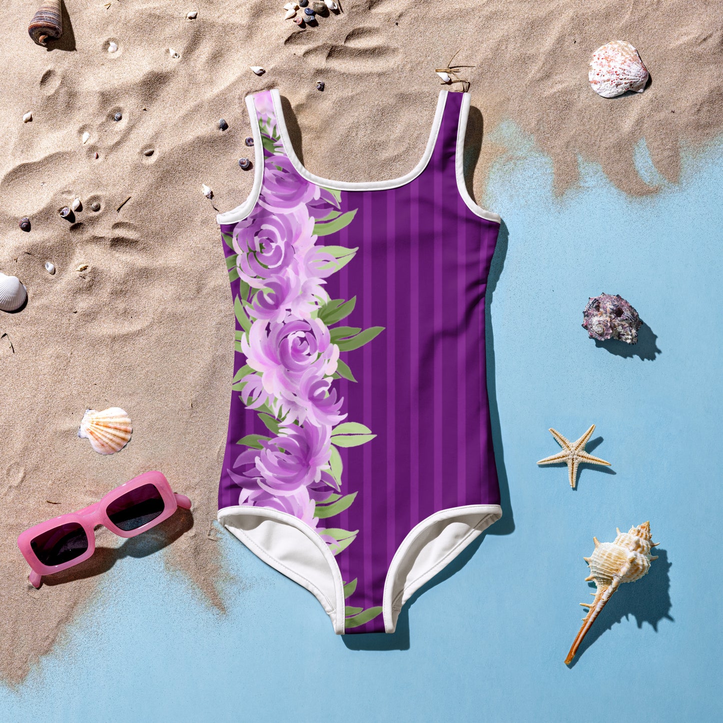 Purple Stripes with Flowers - Kids Swimsuit