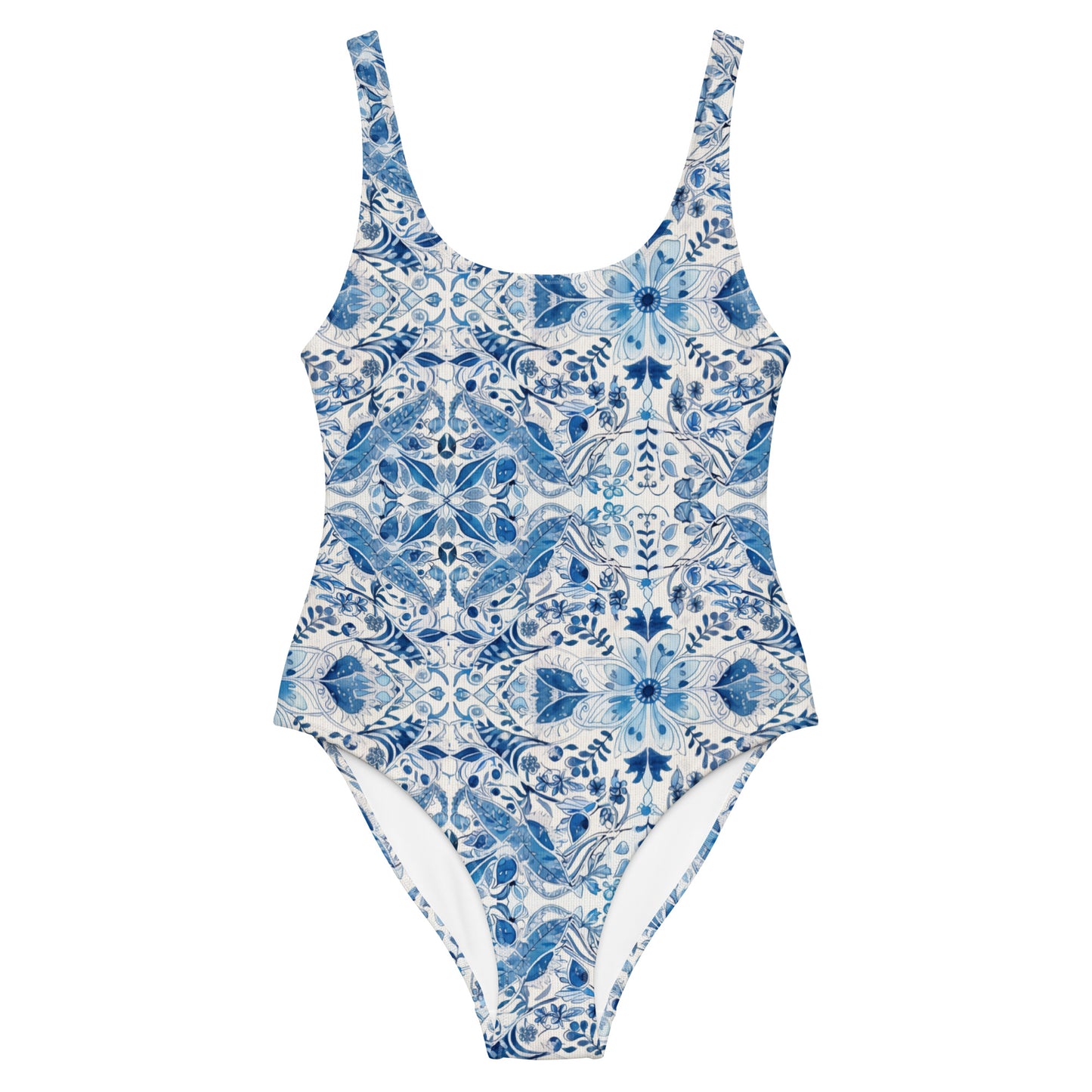 White with Blue Flowers - One-Piece Women Swimsuit