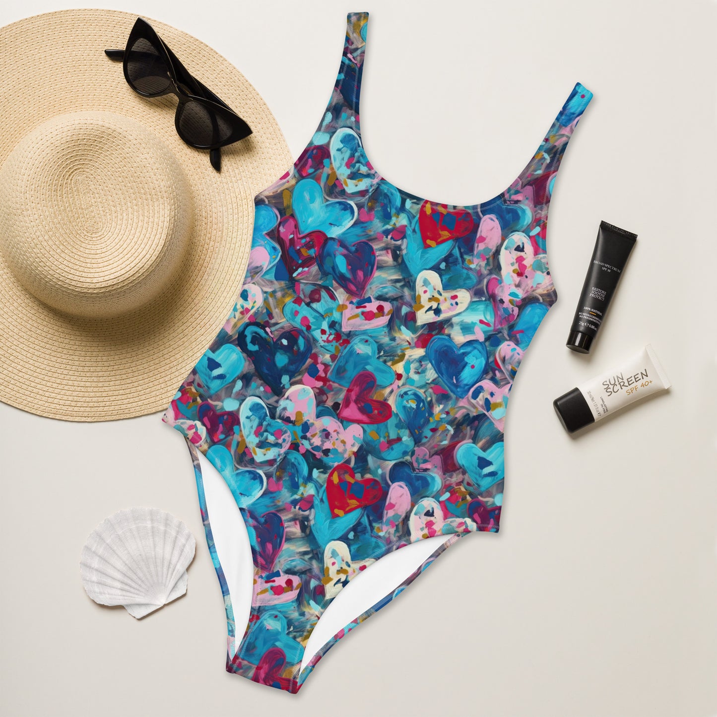 Blue Painted Hearts - One-Piece Women Swimsuit