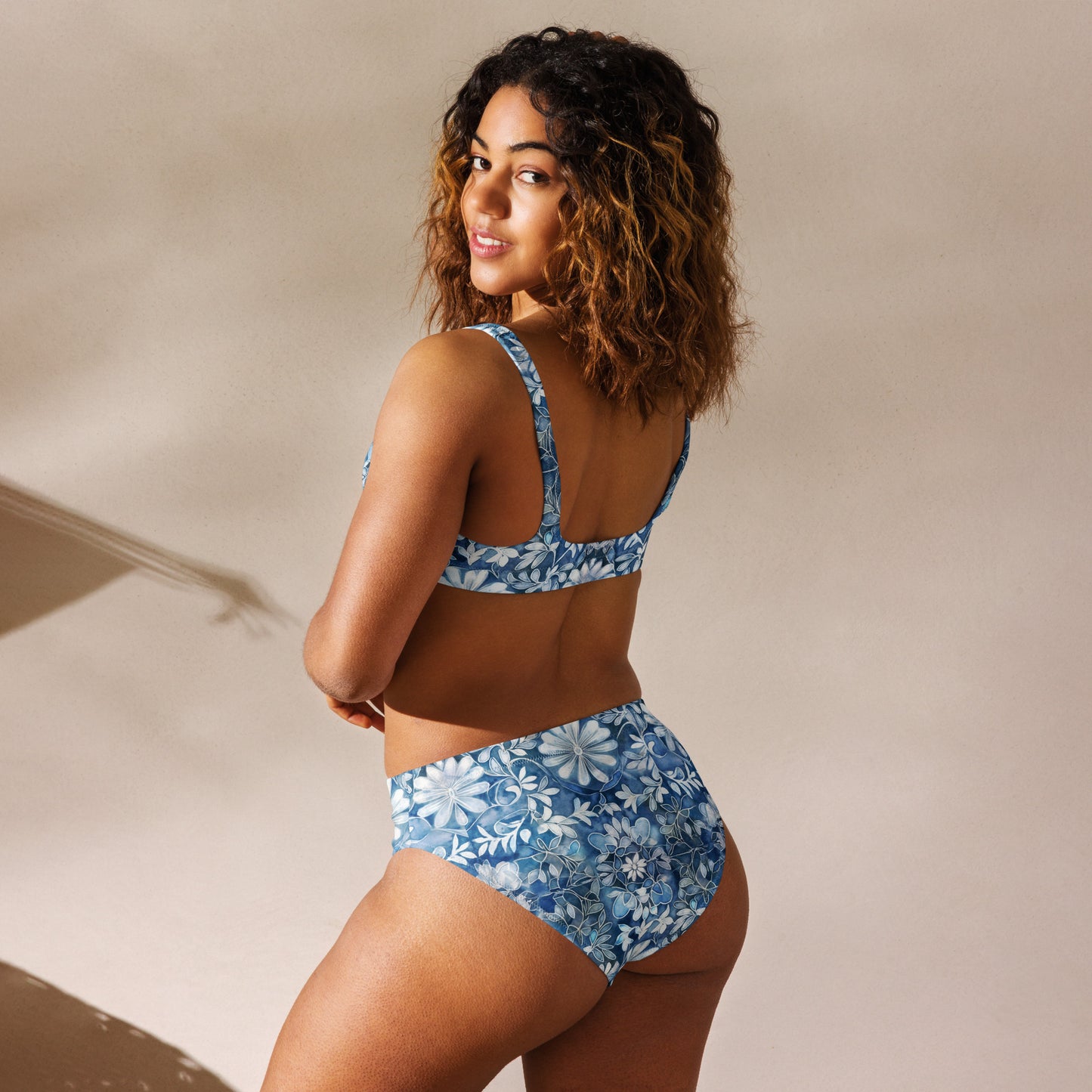 Blue with White Flowers - Recycled high-waisted bikini