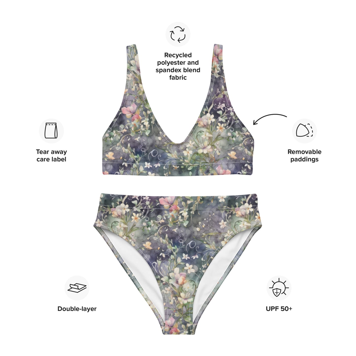 Watercolor Flowers Dark - Recycled high-waisted bikini