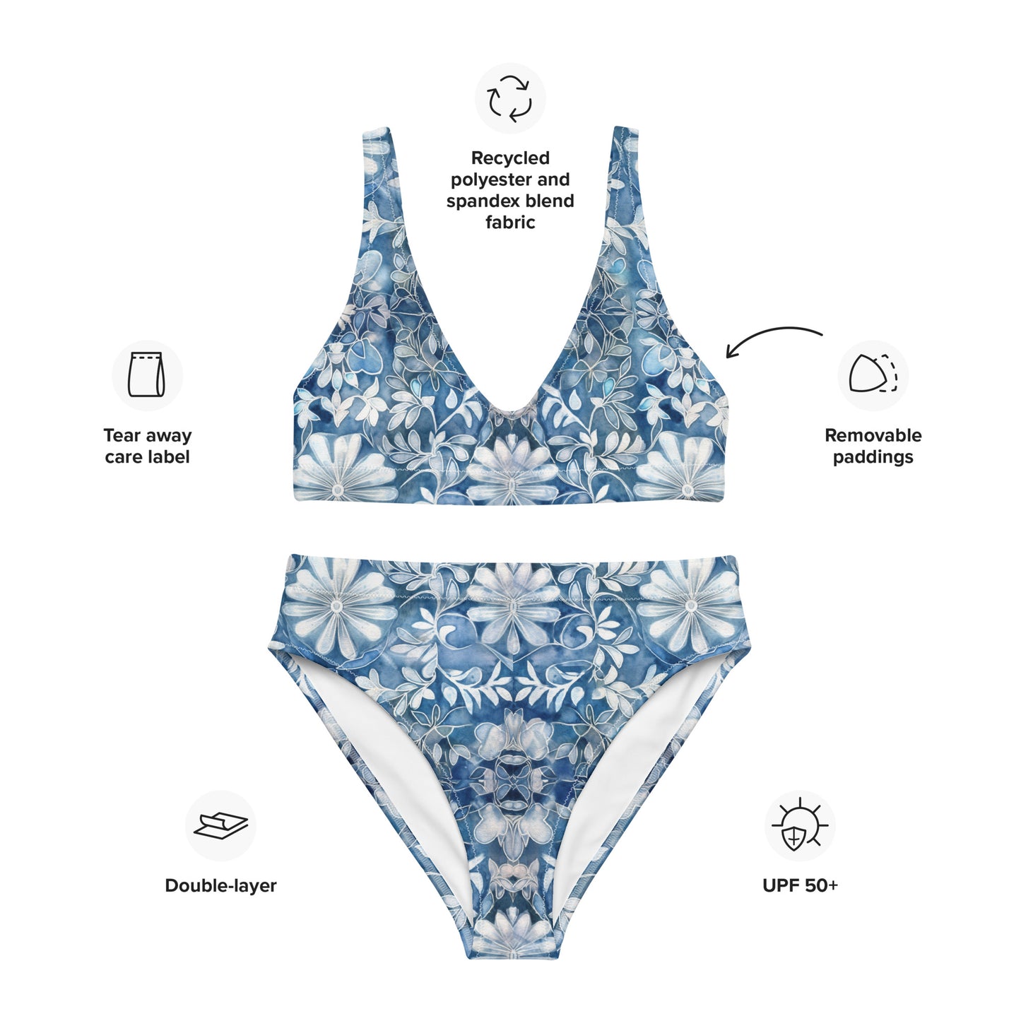 Blue with White Flowers - Recycled high-waisted bikini