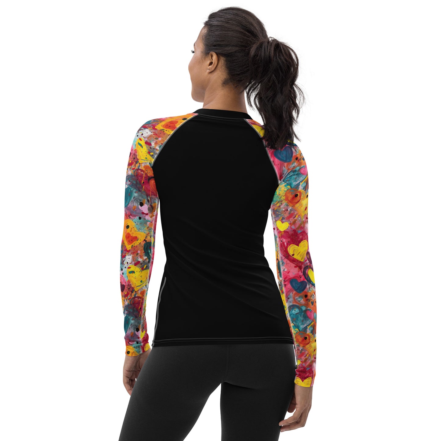 Multicolor Painted Hearts Sleeves and Black Body - Women's Rash Guard