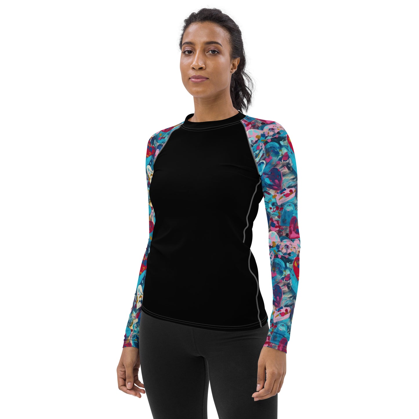 Blue Painted Hearts Sleeves and Black Body - Women's Rash Guard