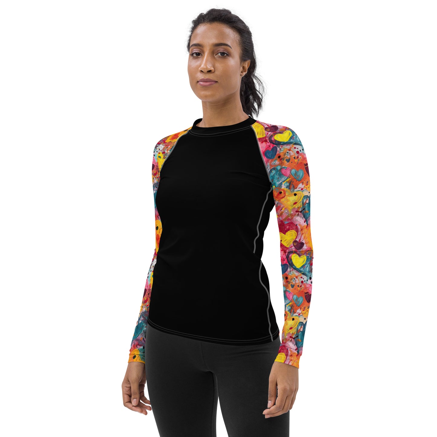 Multicolor Painted Hearts Sleeves and Black Body - Women's Rash Guard