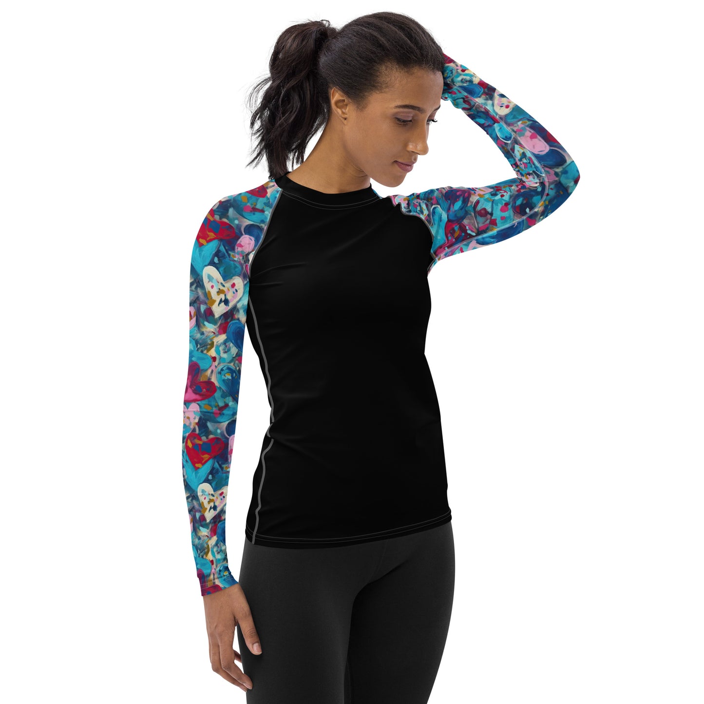 Blue Painted Hearts Sleeves and Black Body - Women's Rash Guard