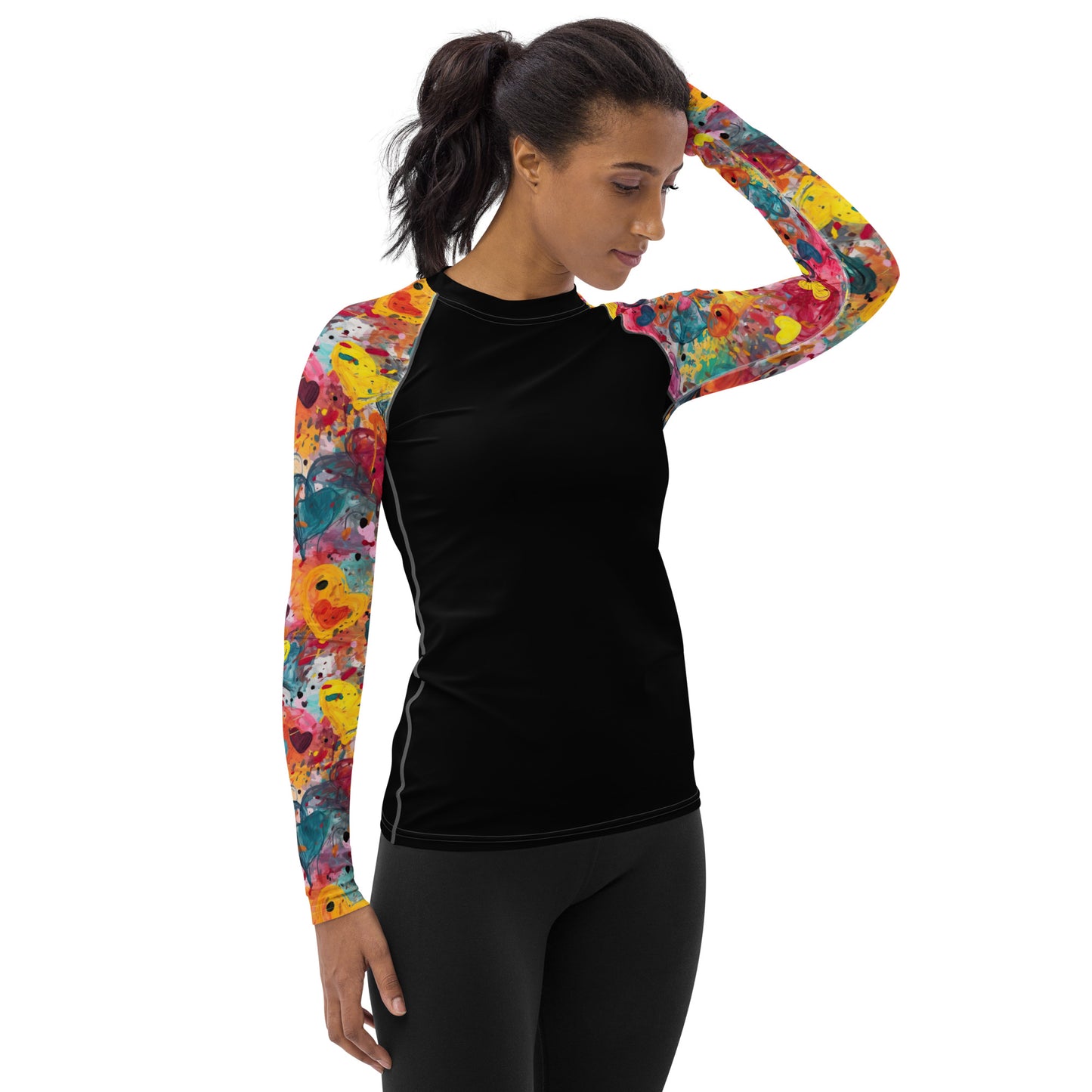 Multicolor Painted Hearts Sleeves and Black Body - Women's Rash Guard