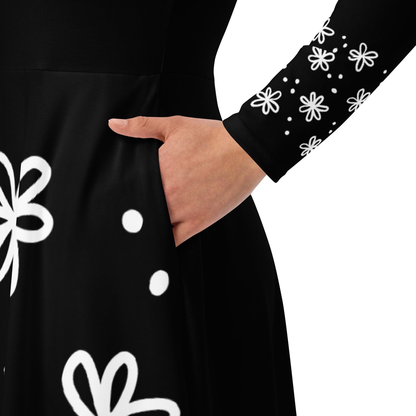 All-over print long sleeve midi dress - Falling Flowers - Black