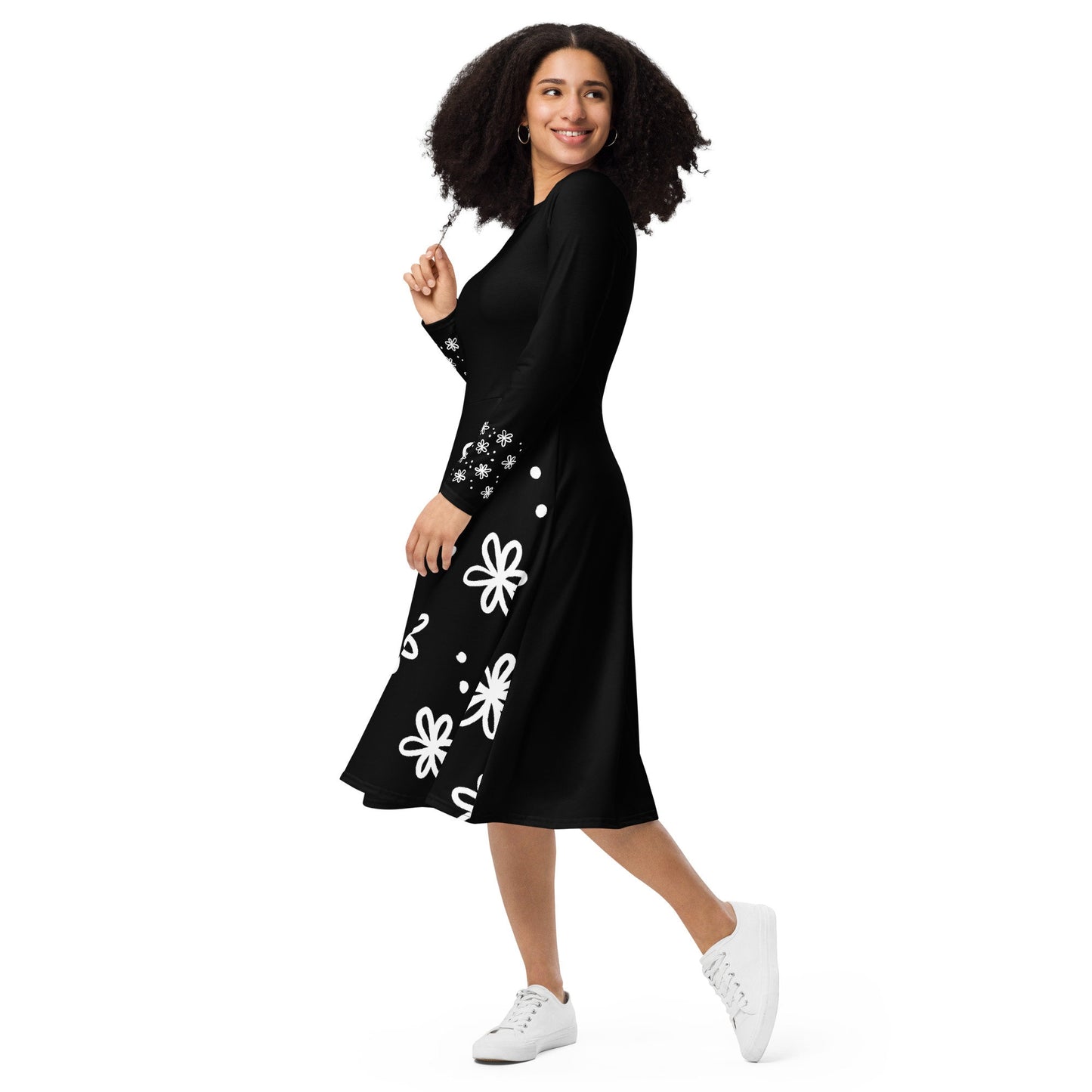 All-over print long sleeve midi dress - Falling Flowers - Black