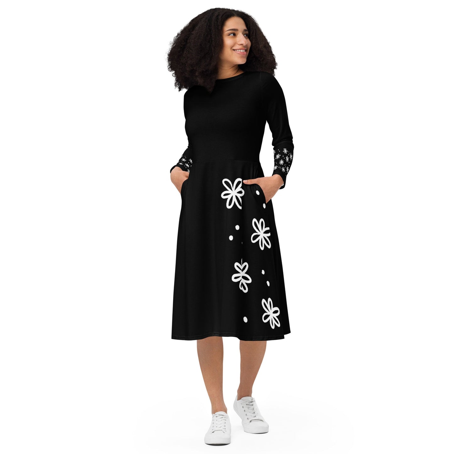 All-over print long sleeve midi dress - Falling Flowers - Black