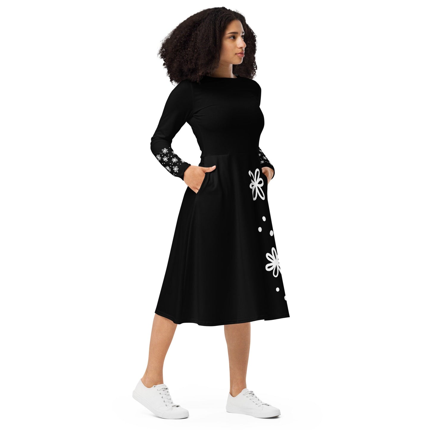 All-over print long sleeve midi dress - Falling Flowers - Black