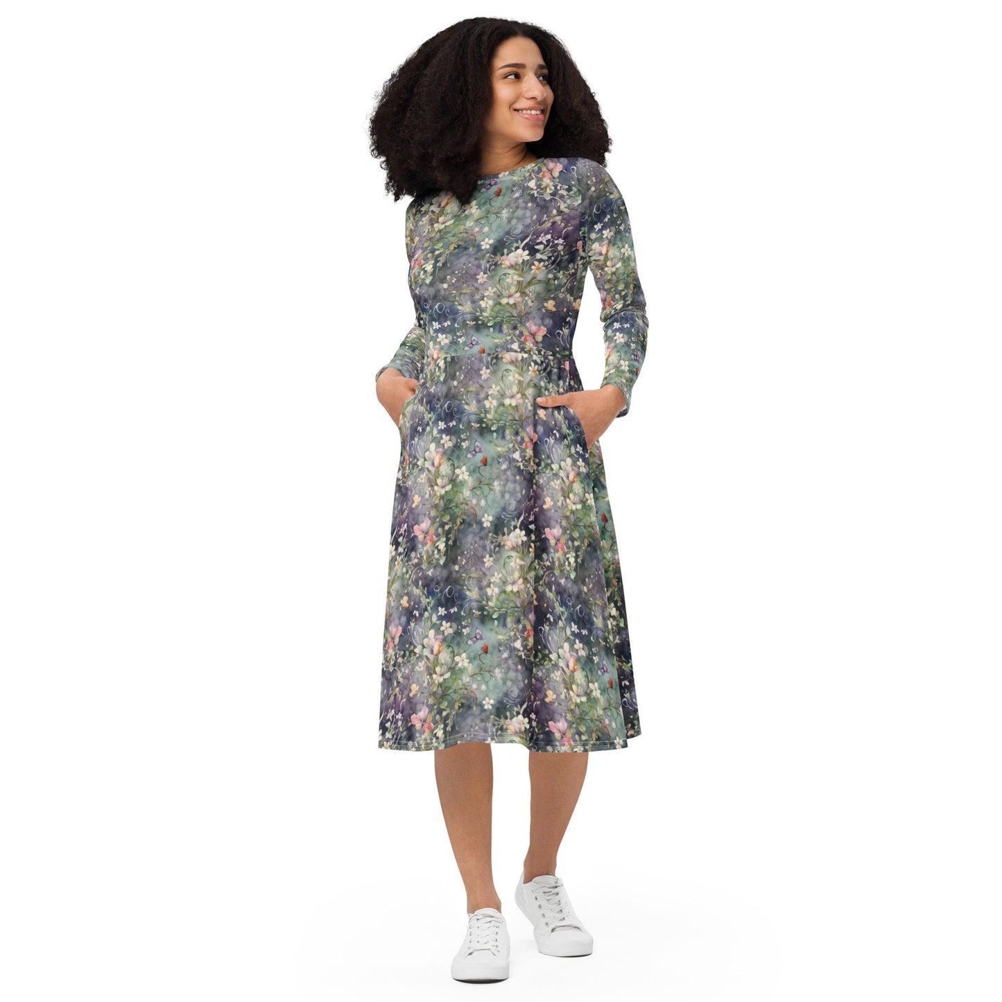 Floral Watercolor - Dark - All-over print long sleeve midi dress
