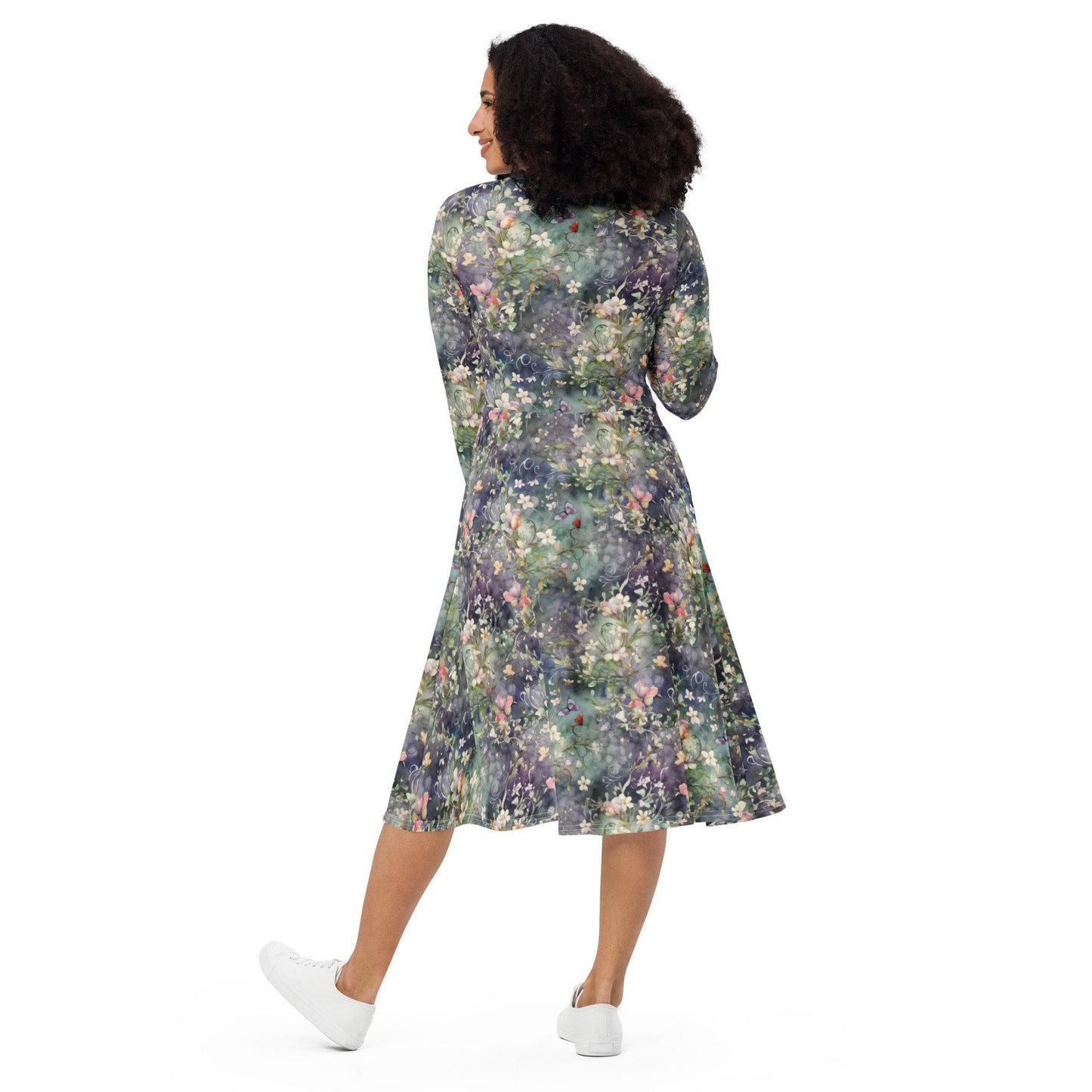 Floral Watercolor - Dark - All-over print long sleeve midi dress