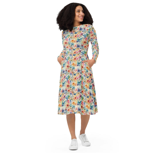 Flowers and Butterflies - All-over print long sleeve midi dress