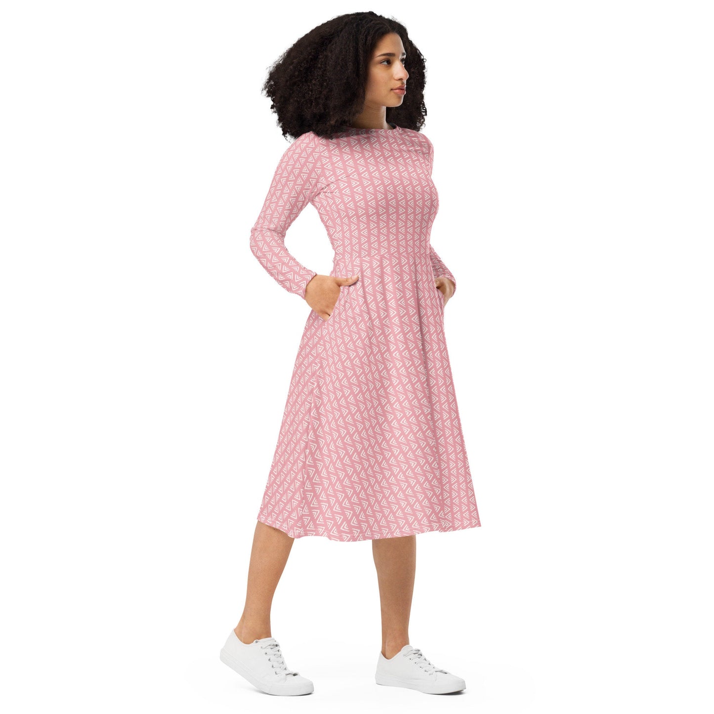 Pink Boho - All-over print long sleeve midi dress