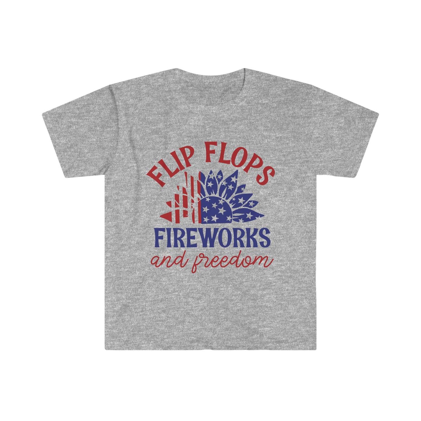 Flip Flops, Fireworks, and Freedom - American Flag - Sunflower - 4th of July - Independence Day - Unisex Softstyle T-Shirt