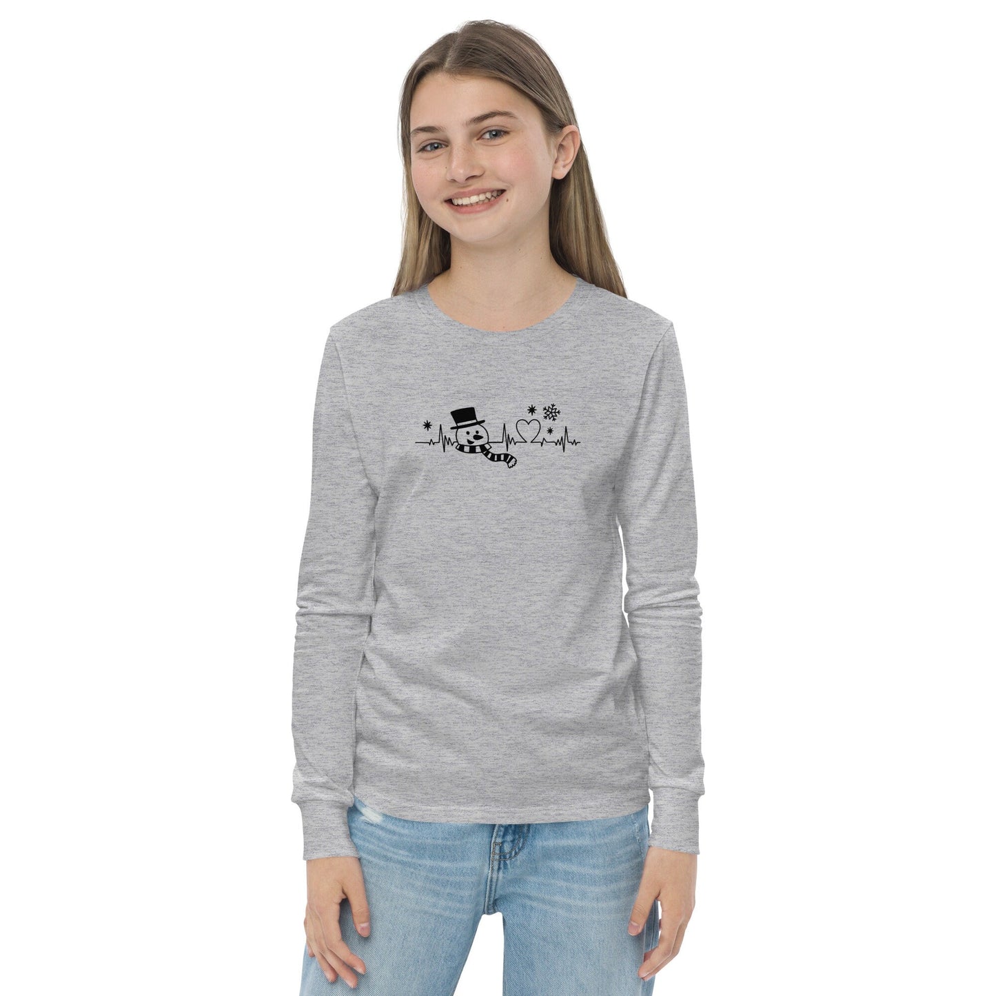 Snowman Heartbeat - Funny Christmas - Youth long sleeve tee - White/Grey