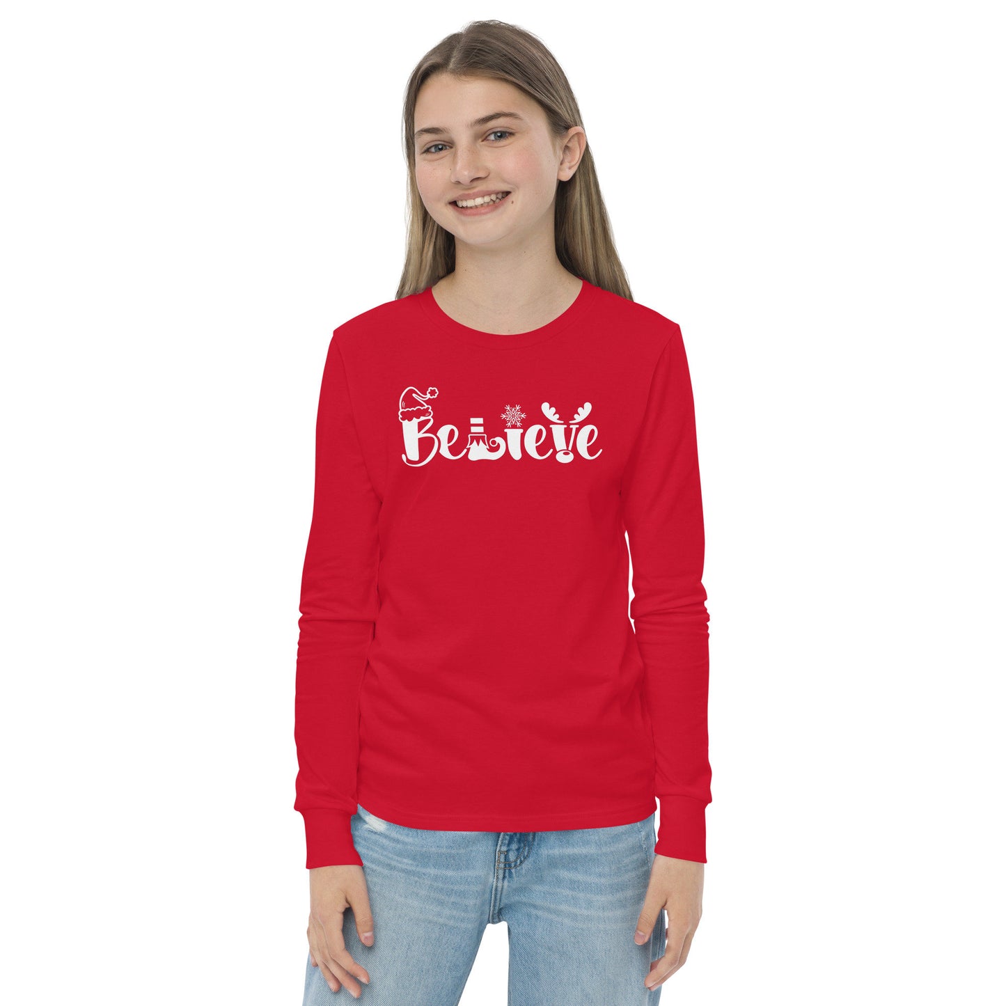 Believe - Santa hat, Elf, Reindeer, Snowflake - Funny Christmas - Youth long sleeve tee - White