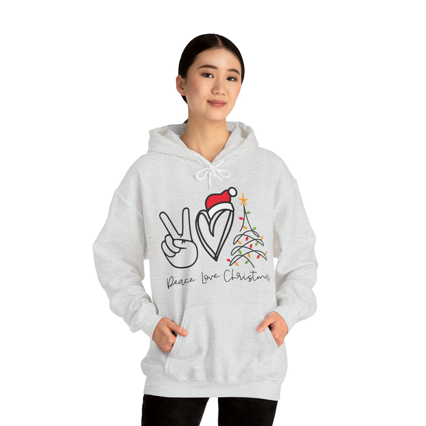 Peace, Love, Christmas - Santa Hat, Tree - Funny Christmas - Unisex Heavy Blend™ Hooded Sweatshirt