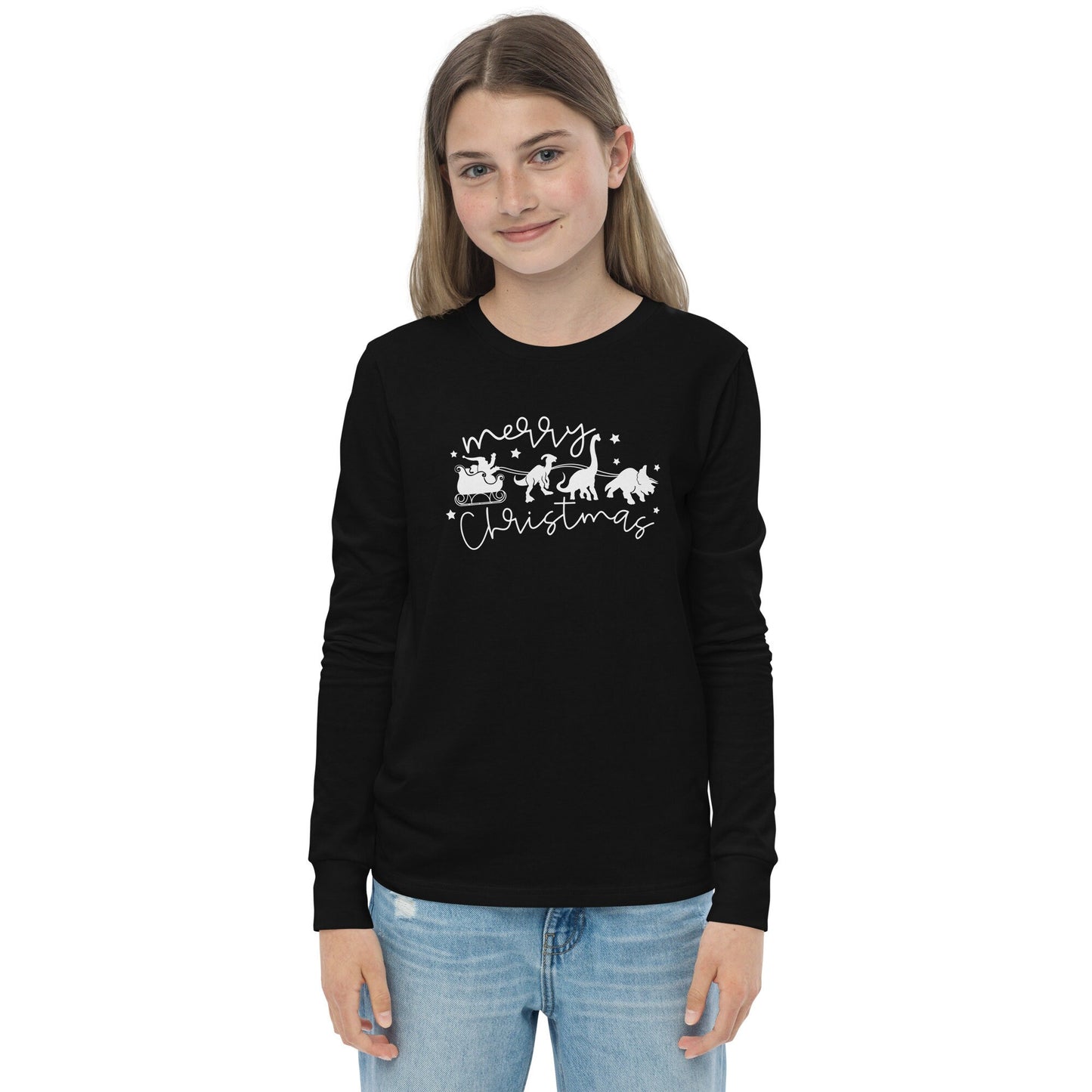 Santa's Sleigh pulled by Dinosaurs - Funny Christmas - Youth long sleeve tee