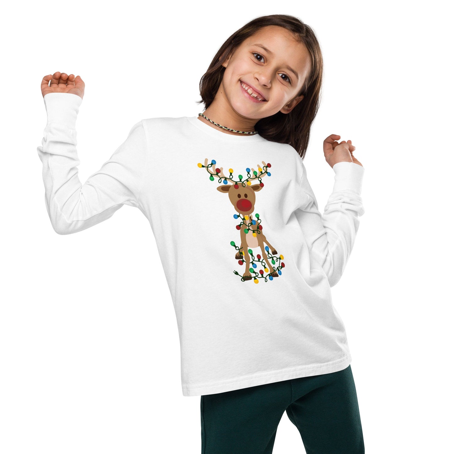 Reindeer Covered in Christmas Lights - Funny Christmas - Youth long sleeve tee