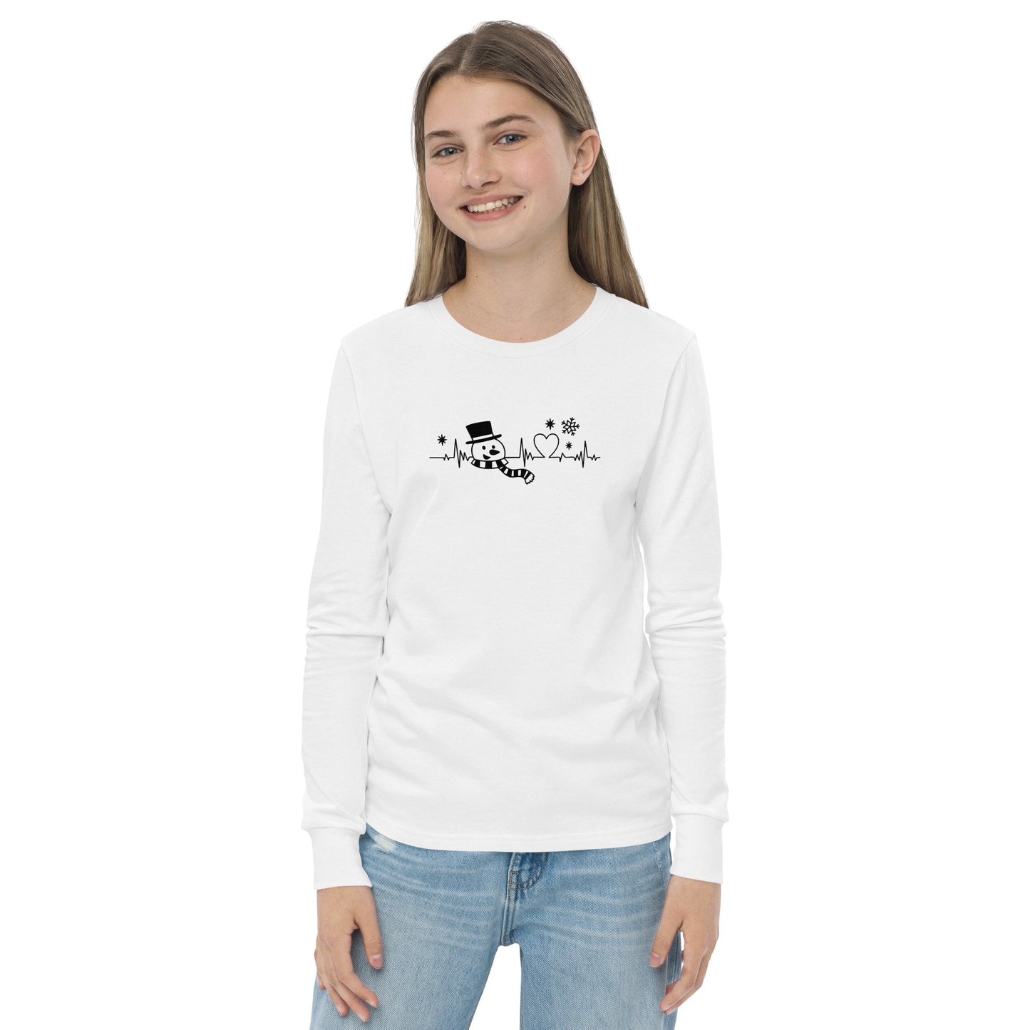 Snowman Heartbeat - Funny Christmas - Youth long sleeve tee - White/Grey