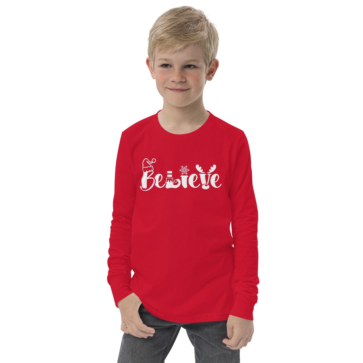 Believe - Santa hat, Elf, Reindeer, Snowflake - Funny Christmas - Youth long sleeve tee - White