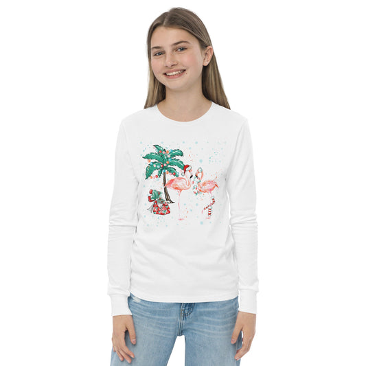 Flamingo Christmas - Palm Trees, Santa Hat, Presents - Funny Christmas - Youth long sleeve tee