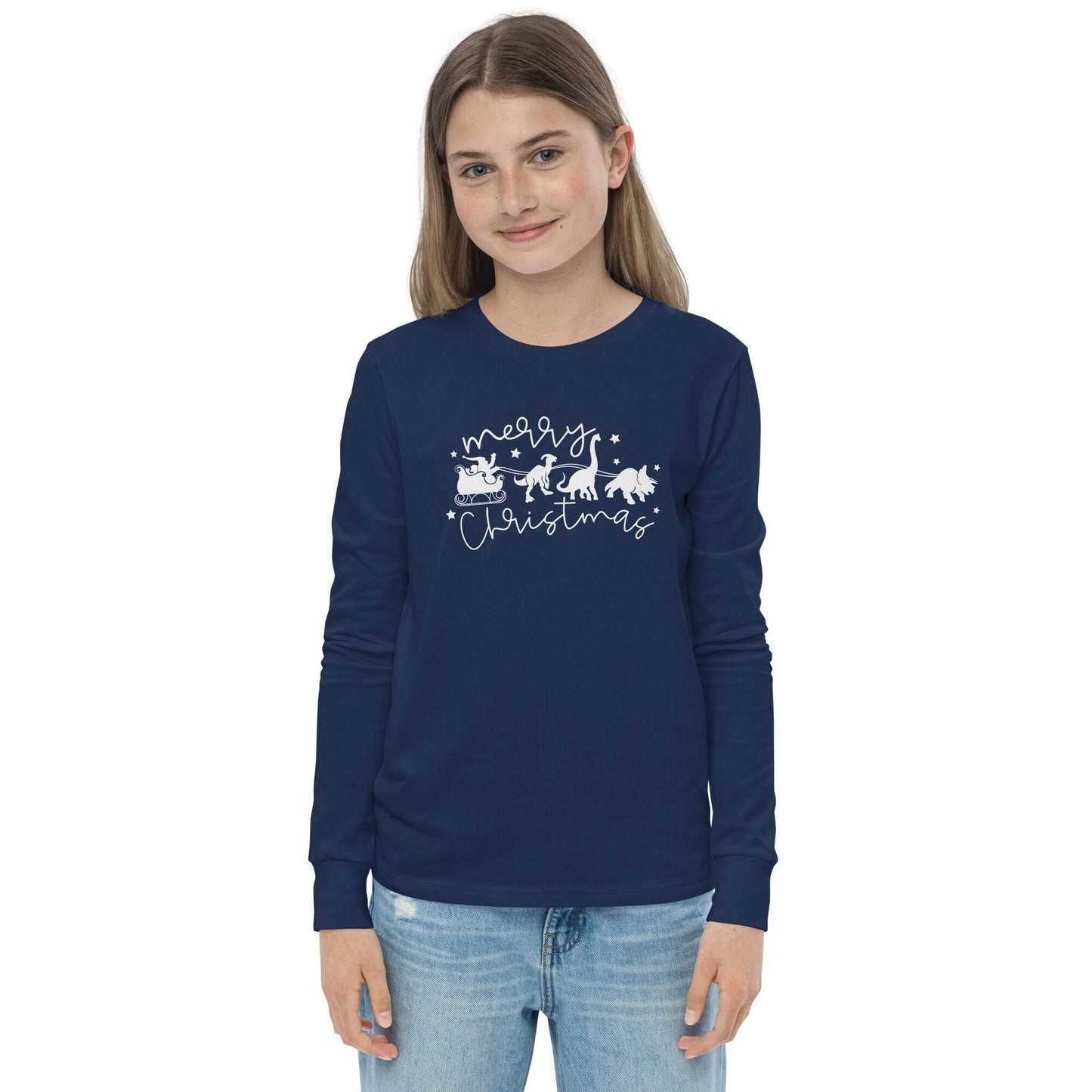 Santa's Sleigh pulled by Dinosaurs - Funny Christmas - Youth long sleeve tee