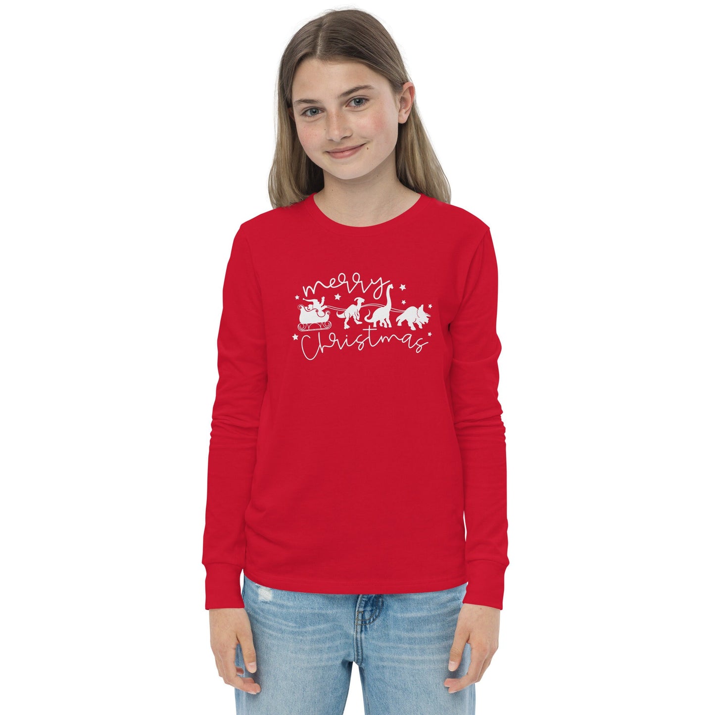 Santa's Sleigh pulled by Dinosaurs - Funny Christmas - Youth long sleeve tee