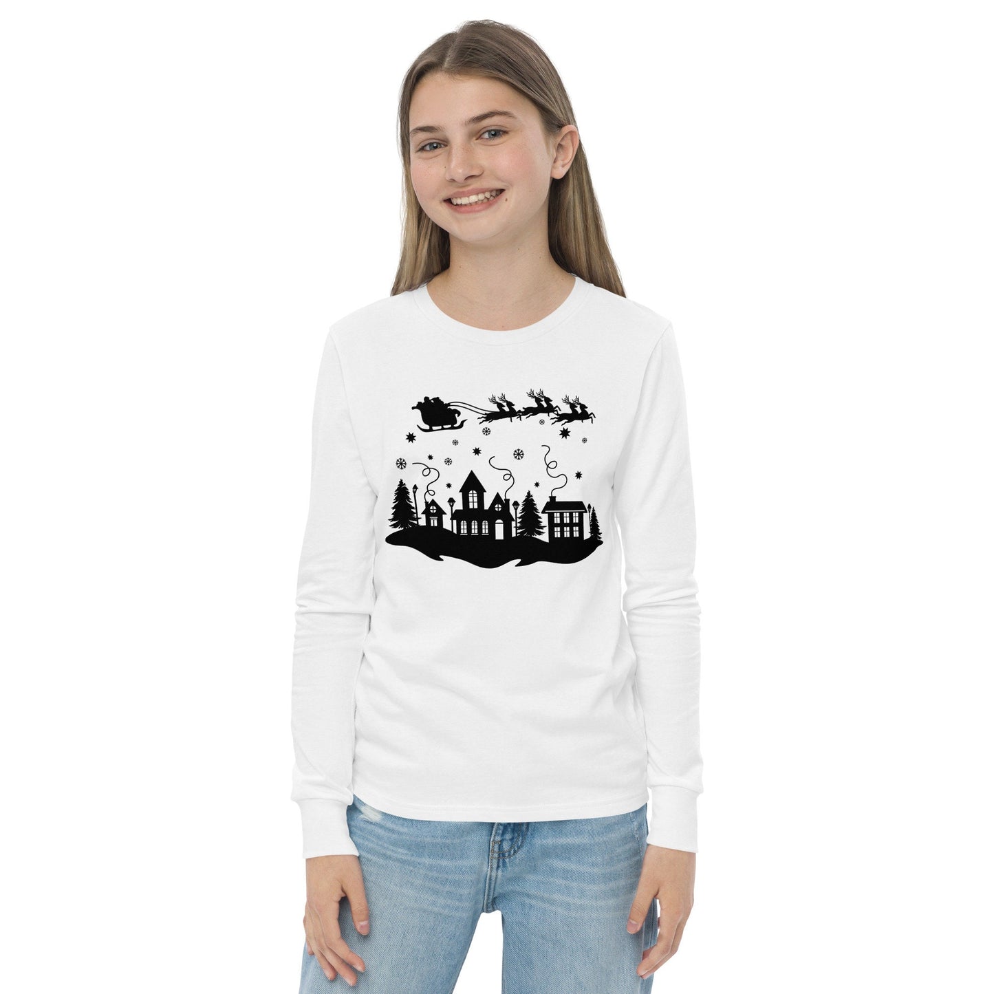 Holiday Town Silhouette - Santa Riding over in Sleigh with Reindeer - Funny Christmas - Youth long sleeve tee